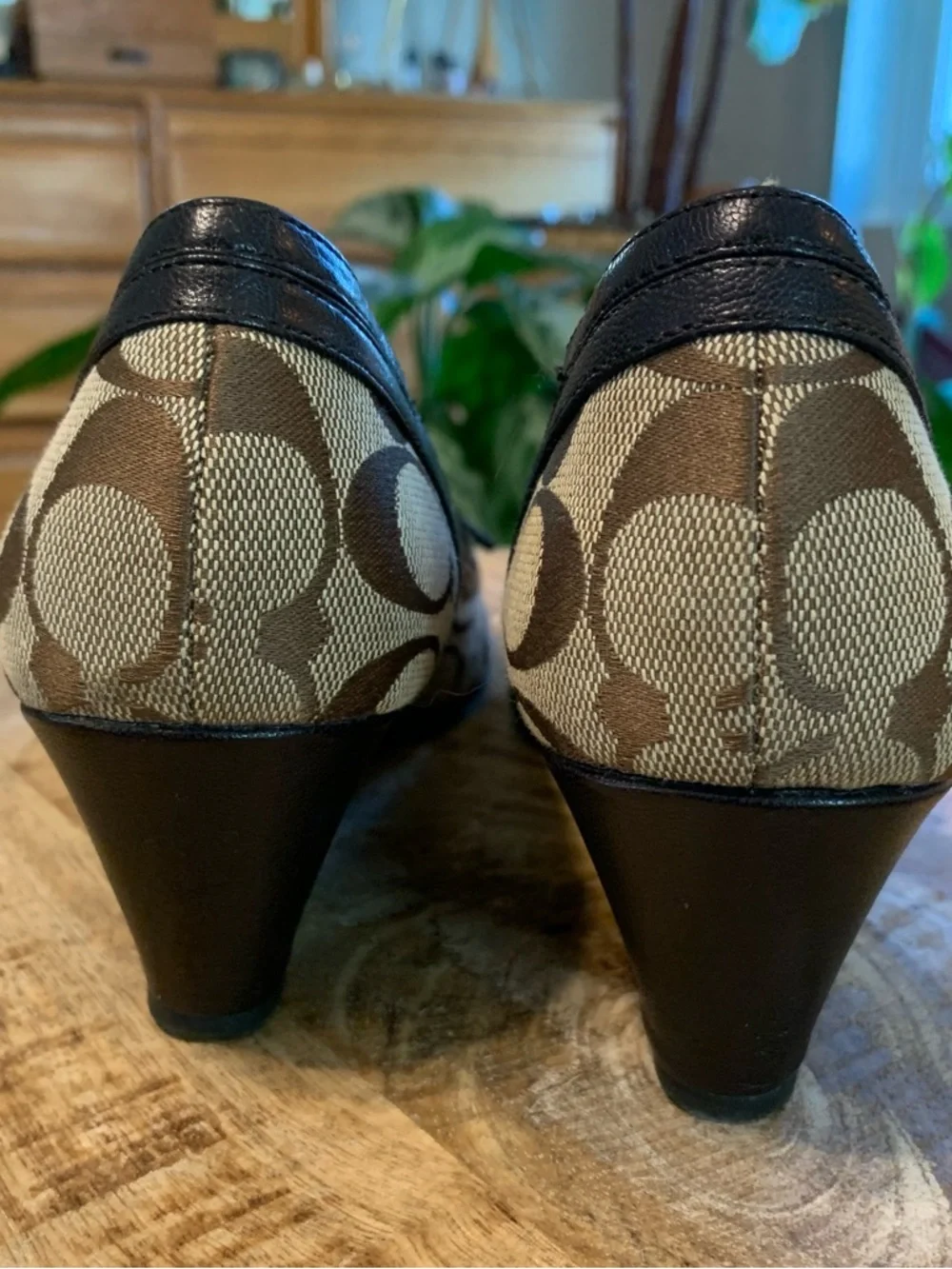 Coach Brown Signature Canvas Peep-Toe Wedge Heels with Dark Trim - Picture 3 of 7